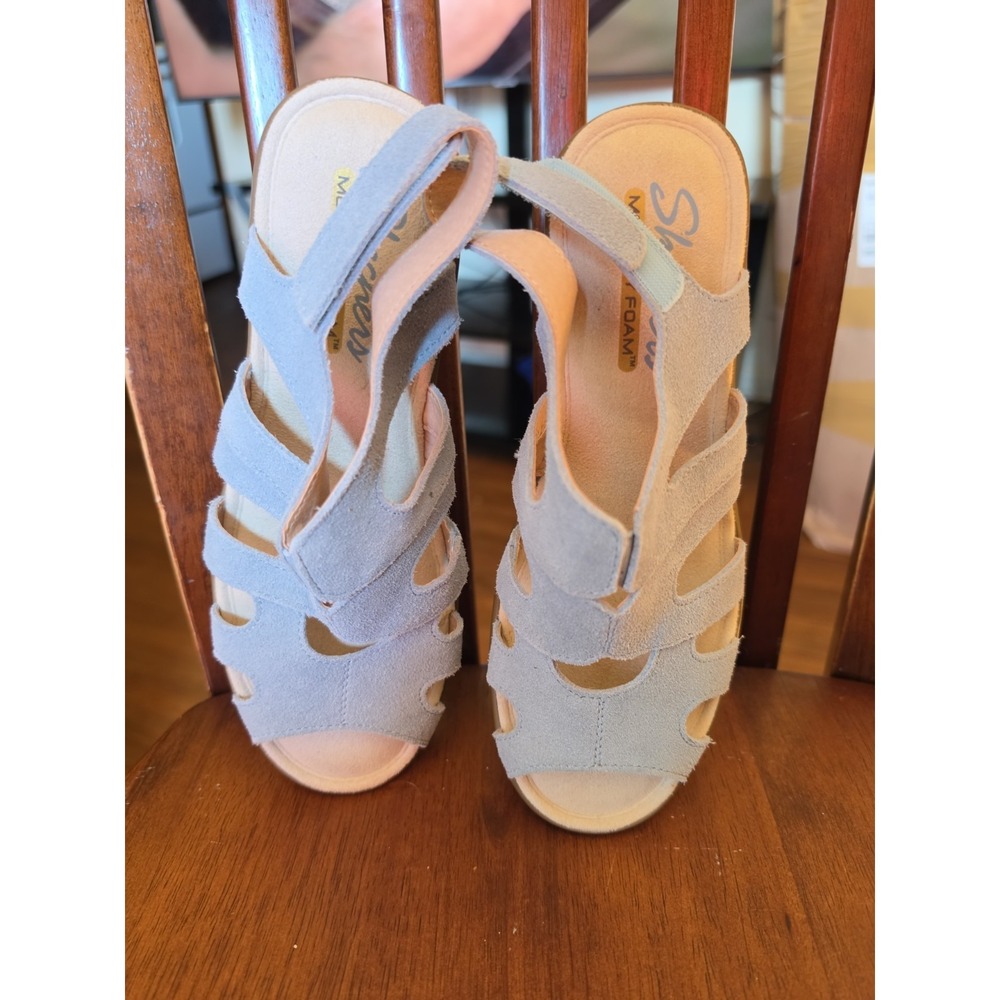 Skechers Memory Foam Womens Wedge Sandals Size 6 Light Blue Suede Slingback